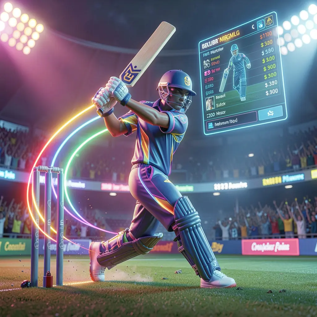 Futuristic cricket player in motion with glowing trails and a holographic betting interface representing live sports betting on QQ777 bdt in Bangladesh