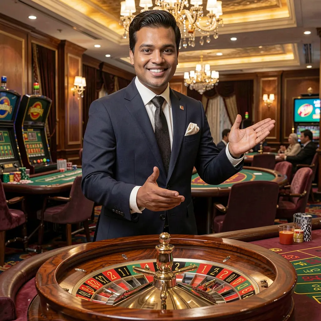 Elegant casino host welcoming players at a roulette table inside a luxury casino environment, representing the high quality live casino games available at QQ777 bdt in Bangladesh