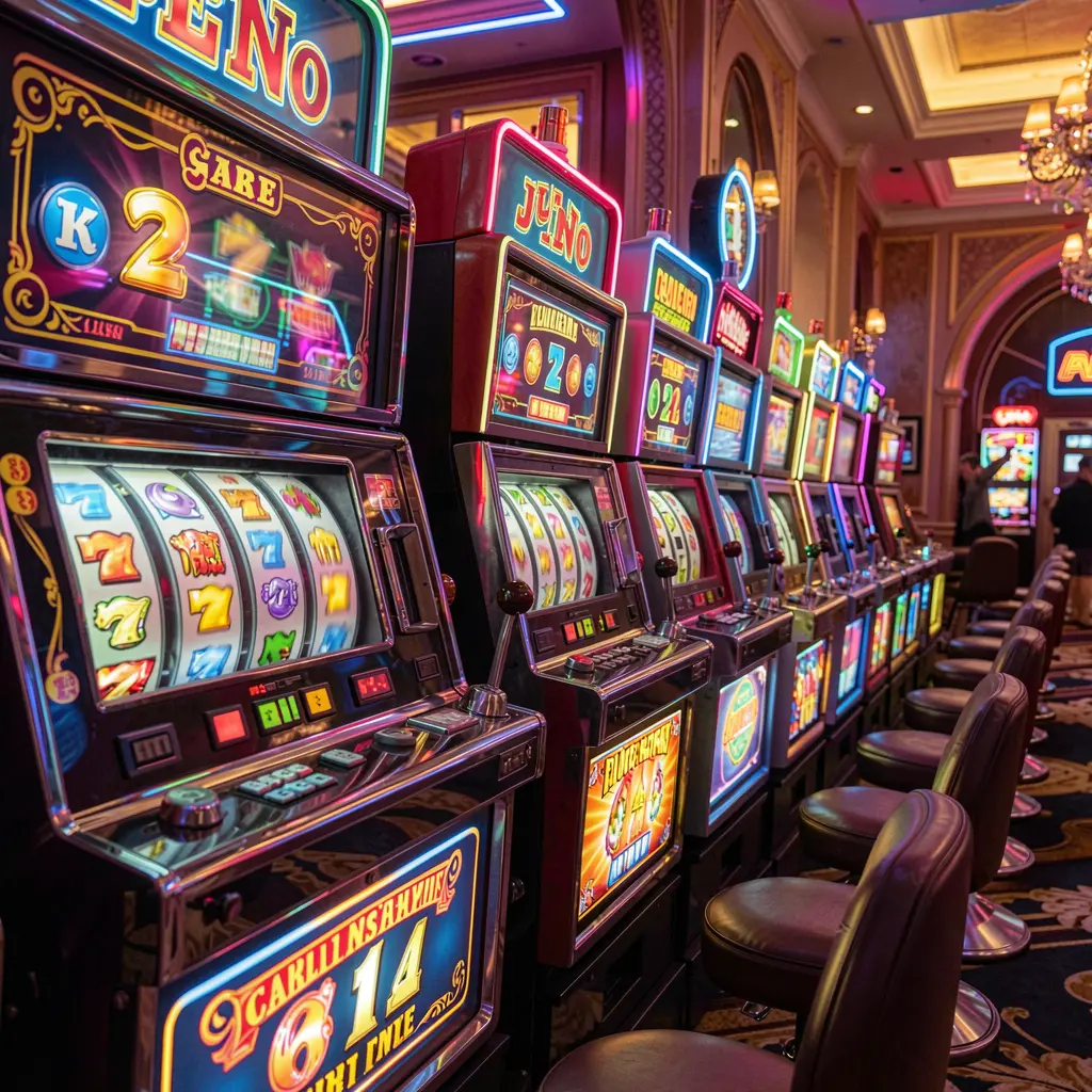 A colorful row of modern slot machines with bright reels and neon lights inside a casino atmosphere representing the immersive slot experience at QQ777 bdt for players in Bangladesh